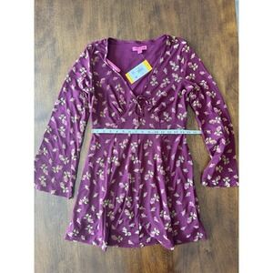 Betsey Johnson Babydoll A Line Bell Sleeve Mini Dress Size M Floral Burgandy